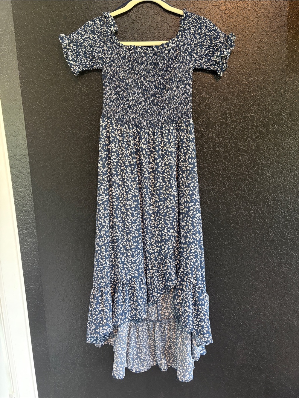 mi Ami Blue Floral Smocked Midi Dress with Puff Sleeves